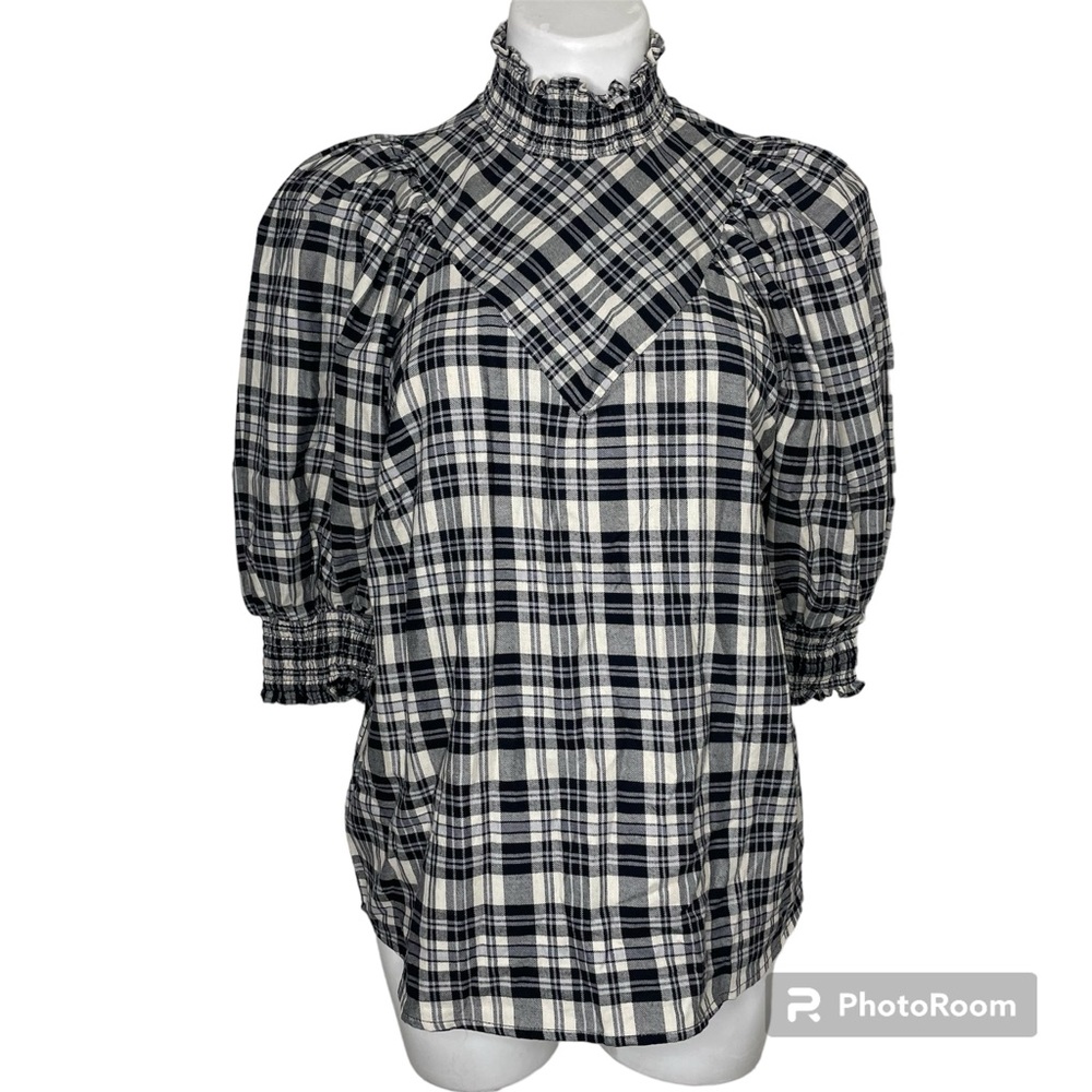 NY&C Plaid Flannel Top M Smocked Neck Sleeves Black and White Short Sleeve